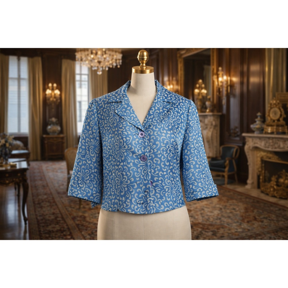 Donna Morgan Blue White Swirl 100% Silk Cropped Jacket Blazer Womens SZ 10 Lined